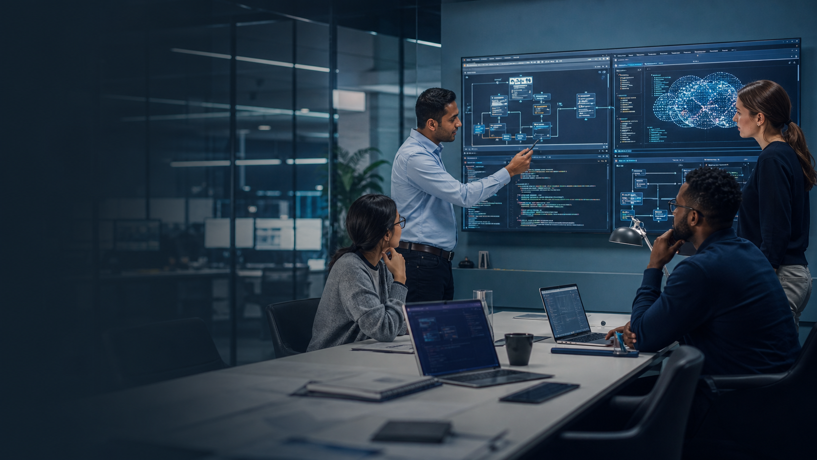 Software consultants reviewing system architecture dashboards